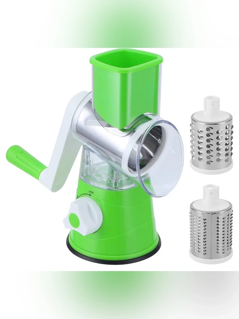 Tabletop Drummer Manual Green Vegetable Spiralizer and Grater with extra items.